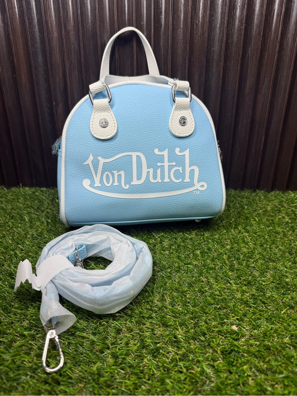 Von Dutch Women's Light Blue & White Two-Tone Bowling Bag New with Tags